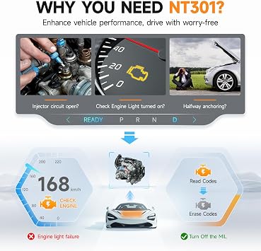 FOXWELL NT301 Plus 2 IN1 OBD2 Scanner Battery Tester + NT301 Code Reader Scan Tool Live Data Mechanic OBDII DiagnosticTool for Check Engine Light