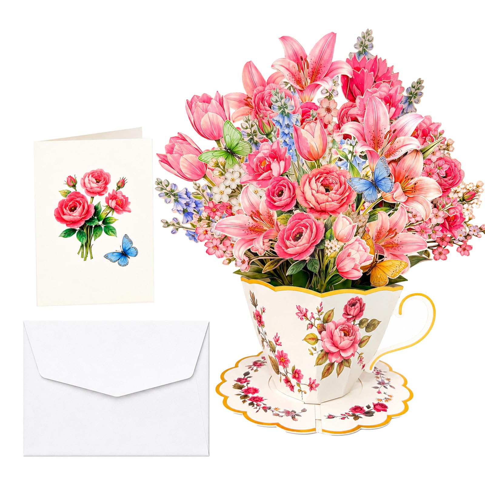 3D Pop Up Flower Bouquet Card Birthday Greeting Mum Friend Gift (Pink)