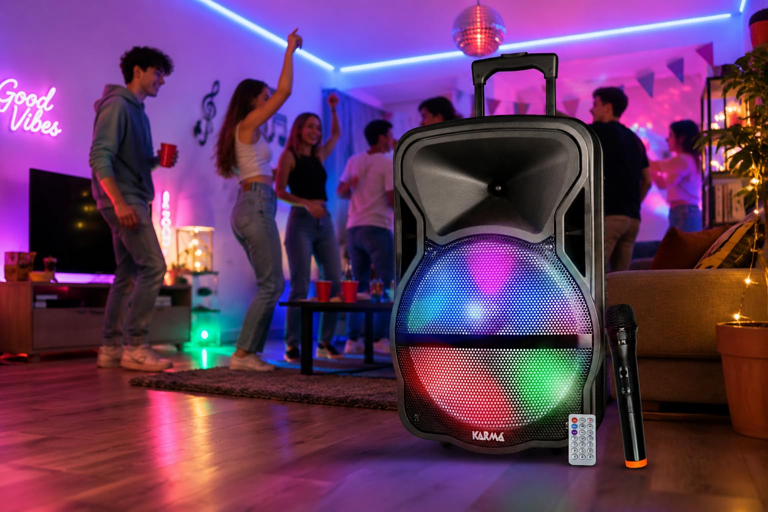 Enceinte amplifiée 600W PMPO Karma DEEP-12 avec Microphone sans Fil VHF USB Bluetooth TWS, Enregistrement, Boomer LED RVB