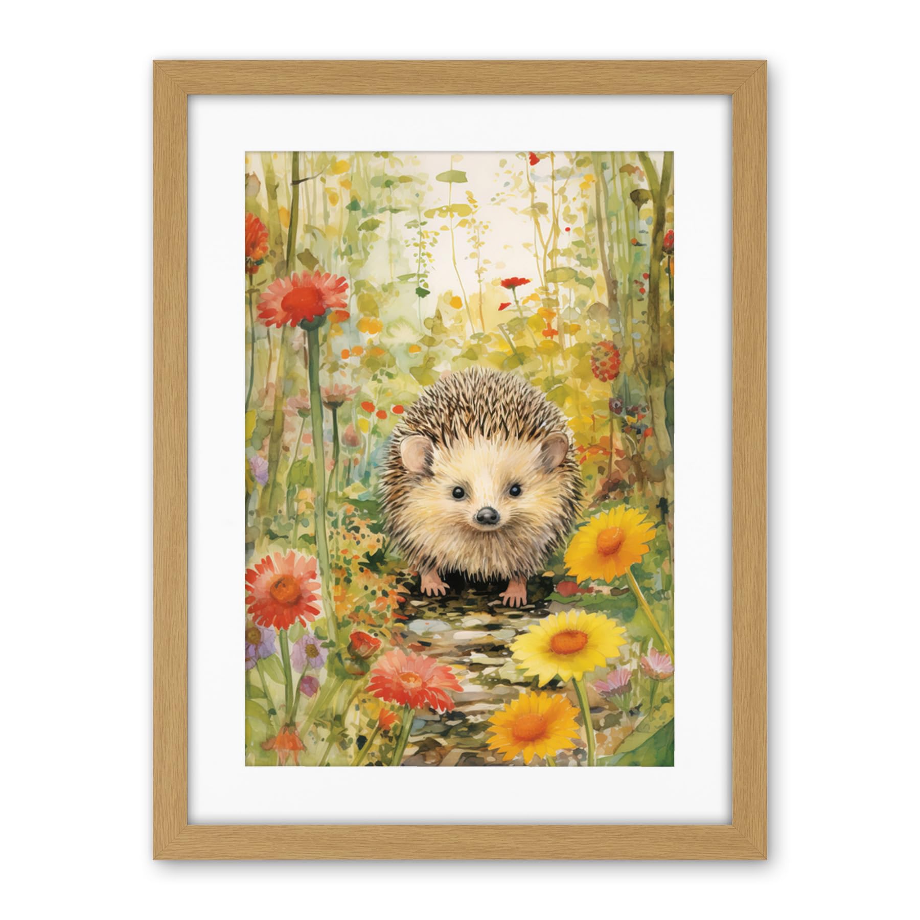 Artery8 Adorable Hedgehog in a Wildflower Meadow Watercolour Painting Kids Bedroom Cute Woodland Creature Artwork Framed Wall Art Print 18X24 Inch