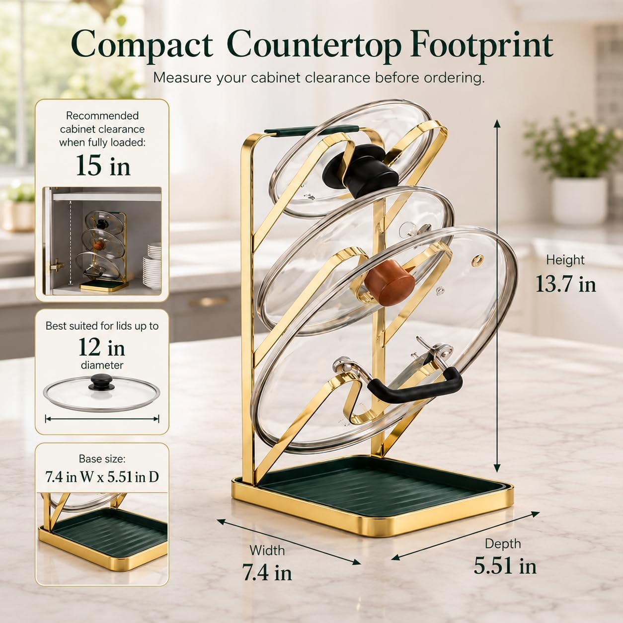 Spoon Rest with Lid Holder, 3-Tier Pot Lid Holder While Cooking, Countertop Organizer with Detachable Drip Tray, Pot Cover Rack for Stove Top, Gold/Dark Green