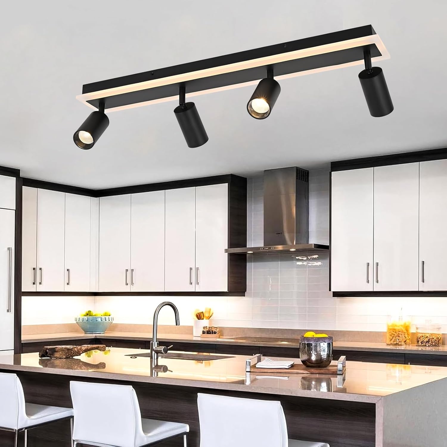 LED 4 Light Track Lighting Spotlight Kit, Black Track Lighting Fixtures Ceiling Mount Dual-Glow LED Spotlight- Base & Light Head Flexibly Rotation Focused Beam, Ideal for Kitchen Bathroom Shop
