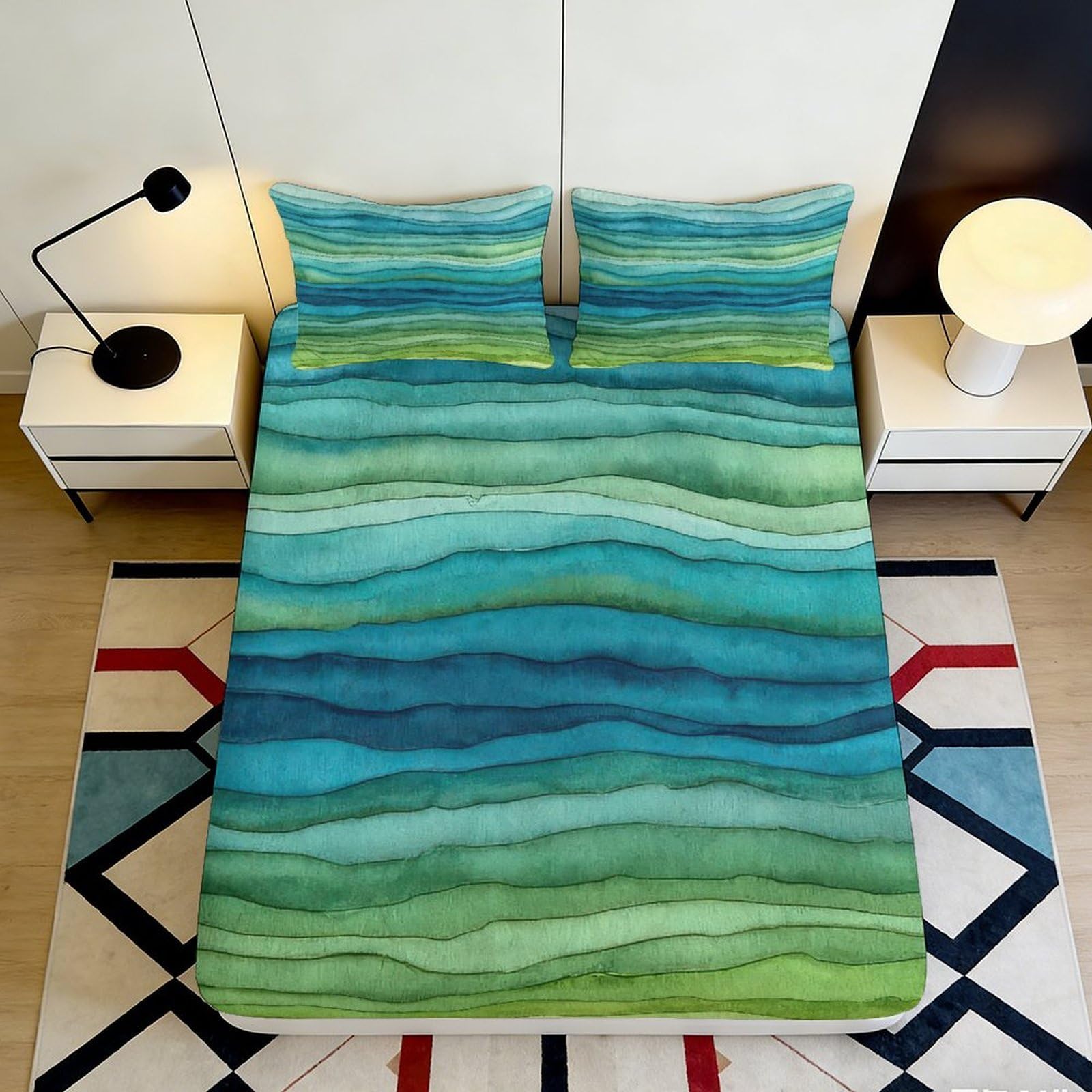 3D Printed Ocean Waves Fitted Sheet Microfiber Soft Gradient Stripes Mattress Cover for Bedroom Dorm Mattress Protection Decor 90x200x25cm