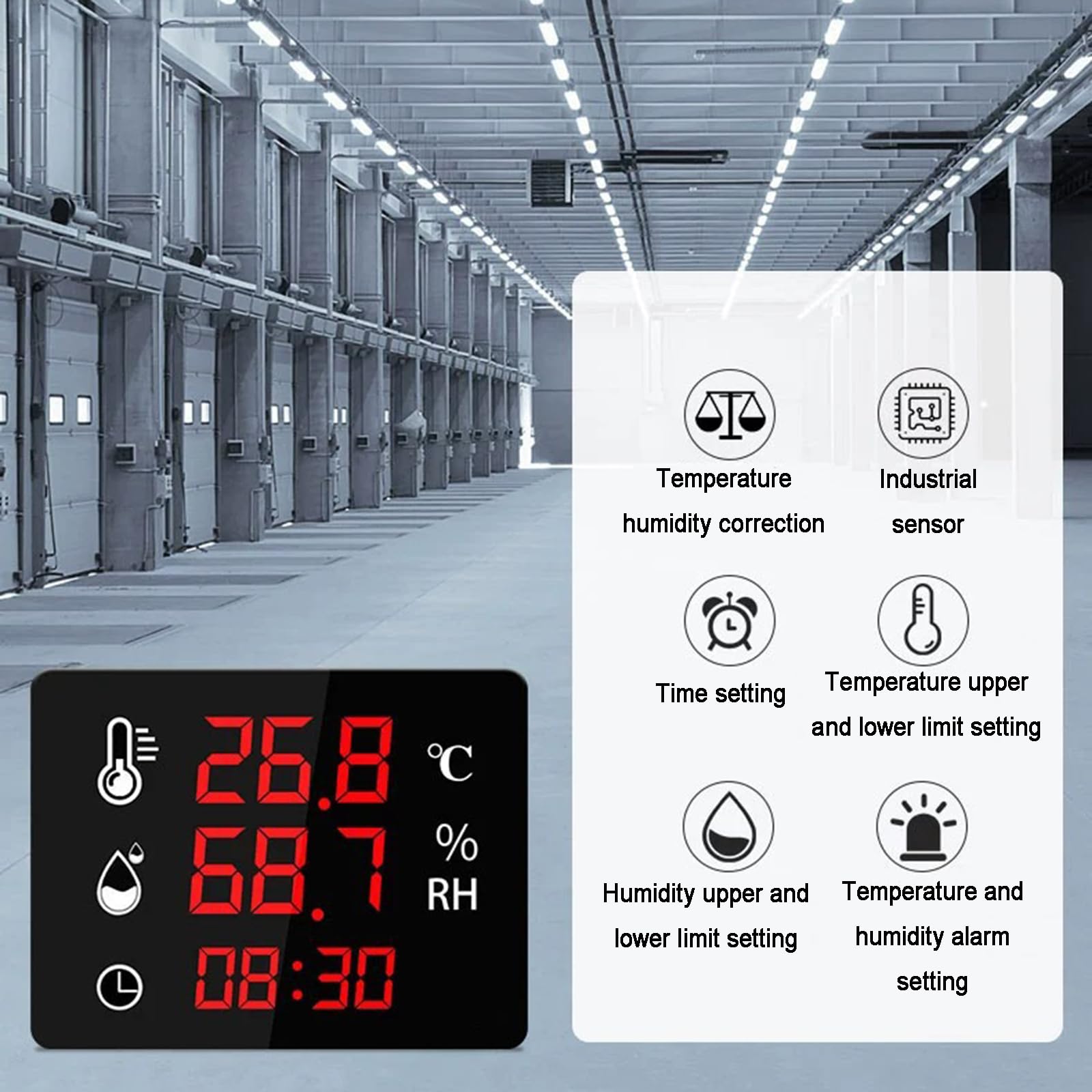 Termoigrometro Industriale, con Sonda Esterna, Sensore Digitale di Temperatura/umidità a LED, con Allarme di Limite Superiore/Inferiore, Visualizzazione Dell'ora