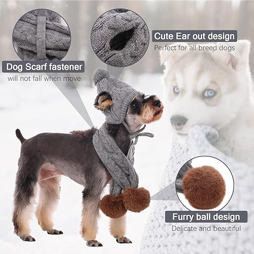 Vista 4 de Kuoser Juego de gorro y bufanda de invierno para perro, gorro de punto para mascotas, gorro cálido de Navidad, accesorios lindos, calentador
