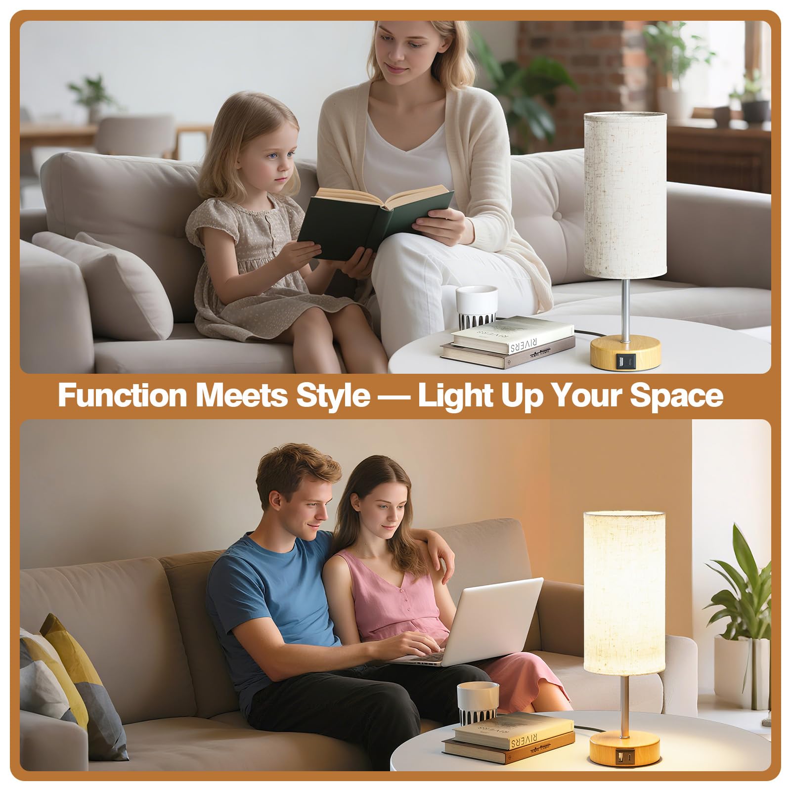 Lámparas de Mesita de Noche Control Táctil Set de 2, con Puertos de Carga USB-A y USB-C, Regulables en 3 Niveles, Pantalla de Lino, con Cable de 1,5 m (Bombilla E27 Incluida)