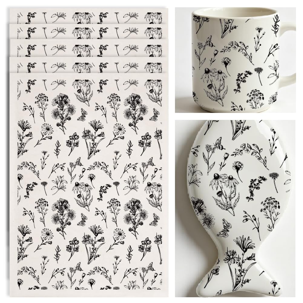 SUPERDANT 4PCS Flowers and Plants Underglaze Transfers for Pottery Wild Flowers Clay Transfer Paper Black Ceramic Decals Transfer Stickers for Pottery DIY Handicraft Supplies