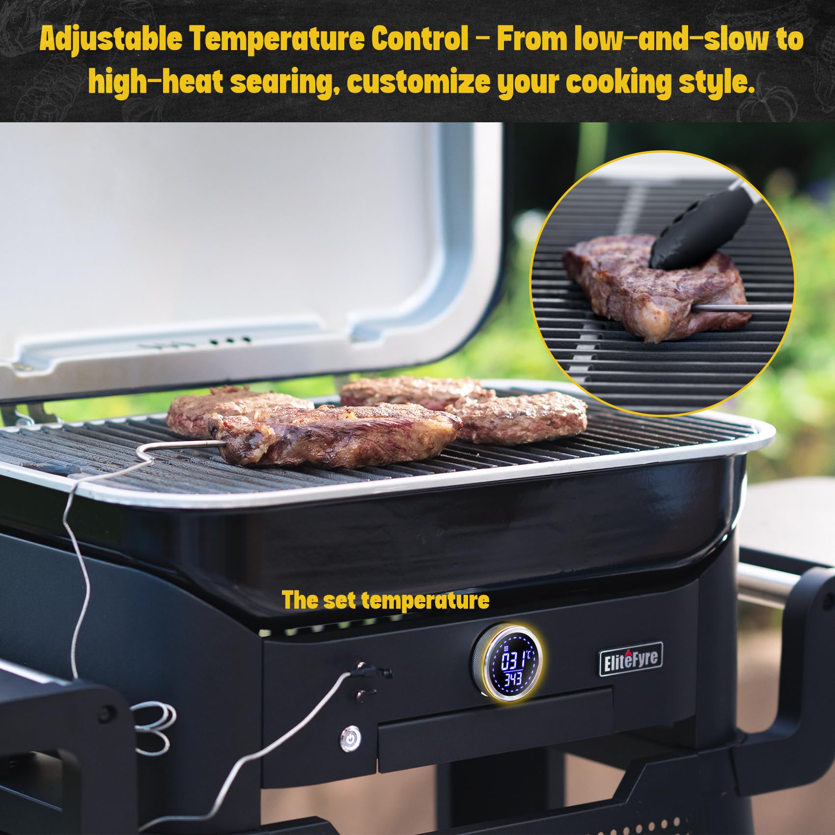 Volteq Smart Elektrogrill, 343°C Profi-Hitze in 20 Min, Tischgrill mit Fleischsonde & LED-Display, 1720 cm² Grillfläche, 6-in-1 Multigrill für Balkon & Terrasse, Emaille-Beschichtung