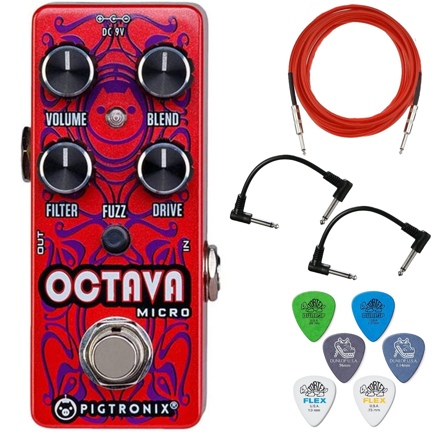 Pigtronix Octava V2 Micro Octave Fuzz Red - Bundled with Instrument Cable, 2 Patch Cables, and 6 Dunlop Picks