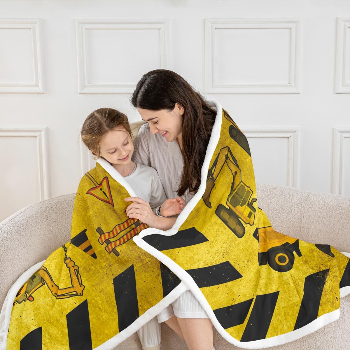 Erosebridal Excavators Flannel Blanket Equipment Trucks Sherpa Blanket Construction Tractor Throw Blanket, Yellow Vehicle Fuzzy Blanket for Kids Boys Teens, Kids Car Theme Room Twin Size