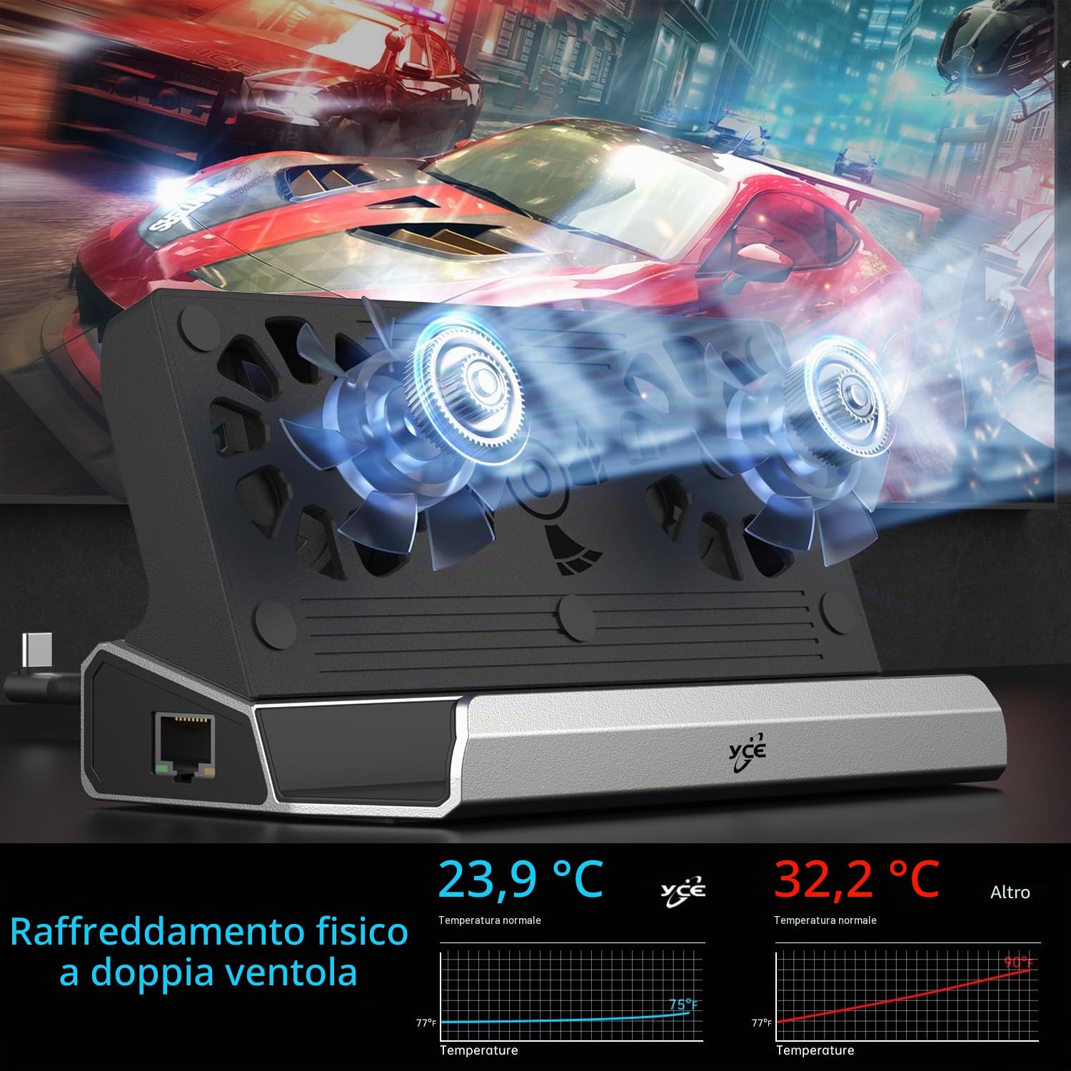 YCE Freve di raffreddamento 12 in 1 Steam Deck Docking Station with HDMI 2.0,6 USB Ports,1000Mbps,Type C 100W PD 40Gbps Adapter for Steam Deck/Rog Ally/Switch/Legion Go…