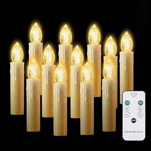 JOSU Velas sin llama, 12 luces LED parpadeantes, funciona con pilas, con temporizador y clips remotos, velas cónicas de ventana blanca cálida para