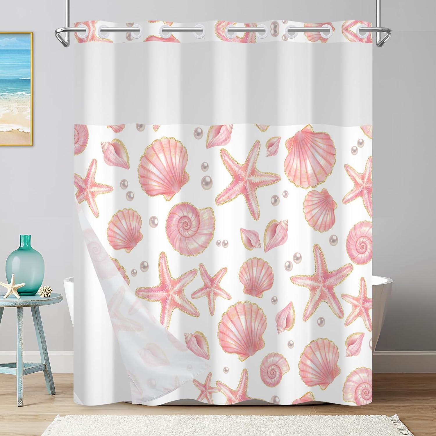 No Hook Shower Curtain with Snap in Liner, Tropical Palm Tree Coast Design Shower Curtains for Bathroom, Double-Layer Waterproof Shower Curtain with Sheer Top Window and Weighted Bottom, 71x74 Inches