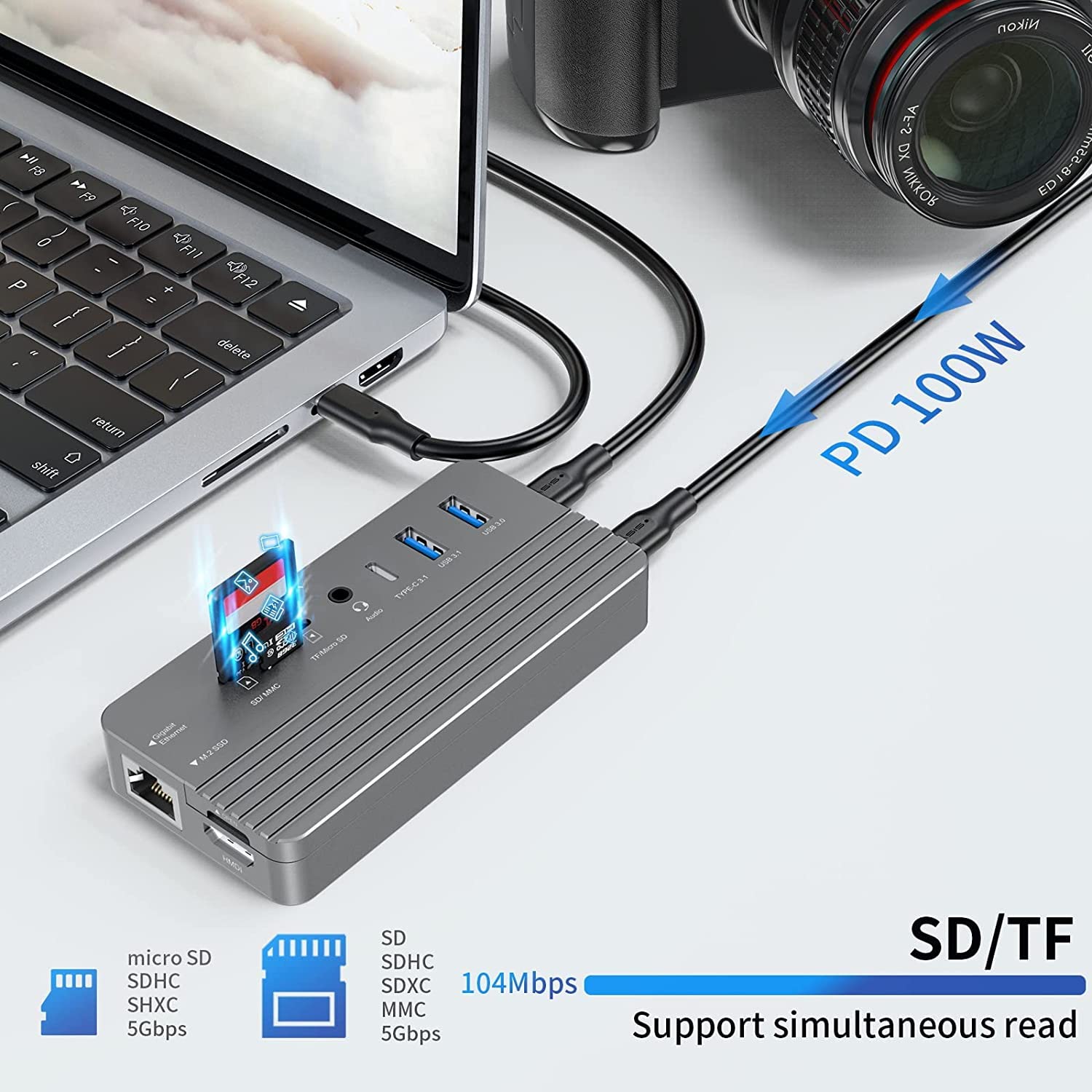 Hub USB-C con Custodia per Disco Rigido, Adattatore hub USB C 10 in 1 con Custodia per Disco Rigido Esterno SSD M.2, HDMI 4K, USB 3.0, Lettore di Schede SD/TF Compatibile con Laptop, IPad (Grigio)