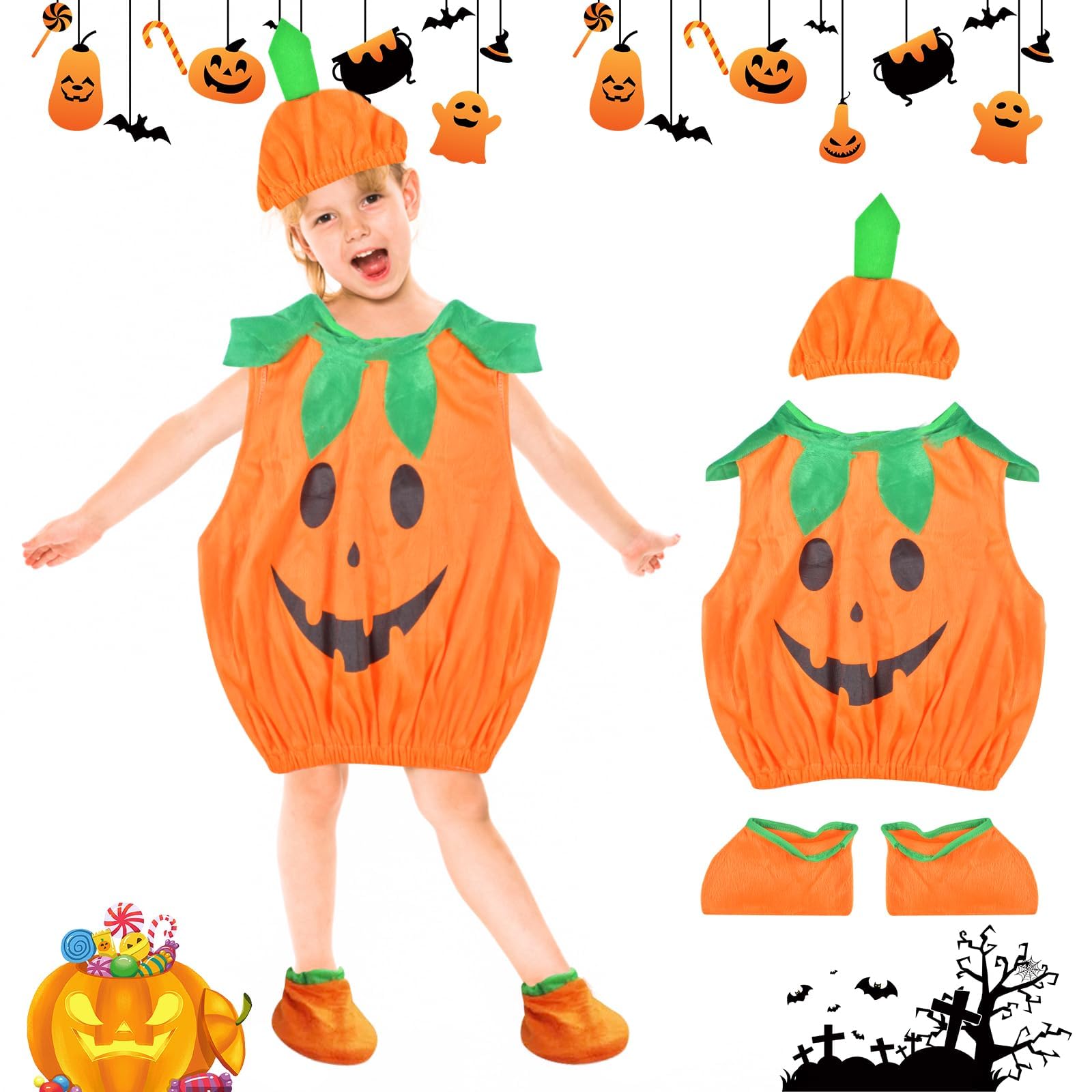 Trajes de Calabaza de Halloween, trajes de espectáculo infantil de halloween, lindo traje de cosplay de calabaza, espectáculos escénicos de disfraces de Halloween, para niños de 2 - 3 años （90cm）