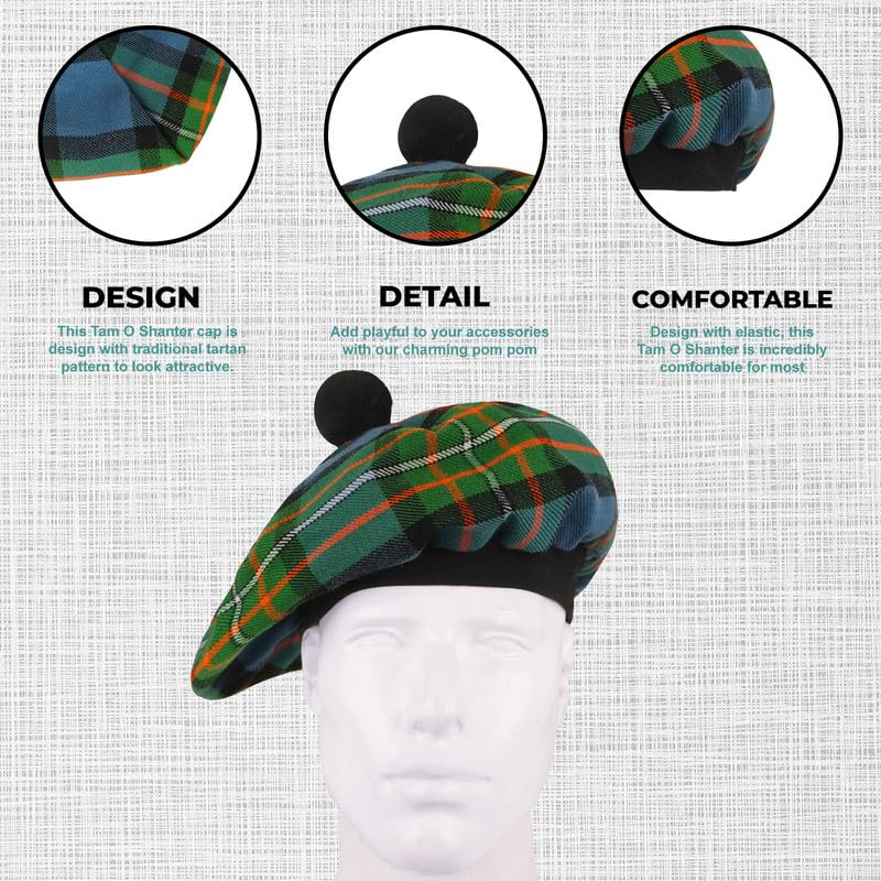 Image of Scottish Tam O' Shanter Hat Tartan Bonnet Pom Pom Wool Flat Cap One Size