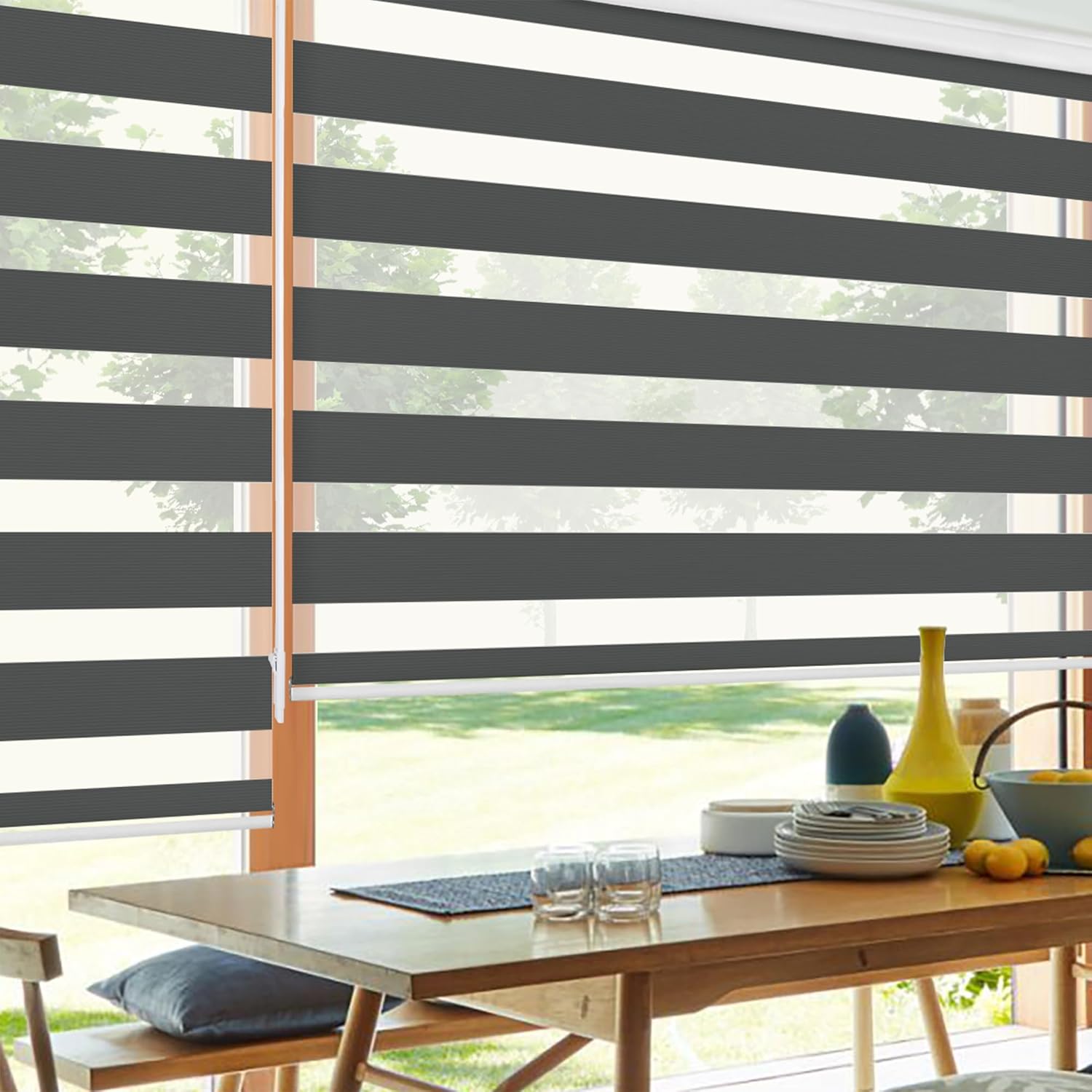 Allbright Zebra Window Blinds for Home 25"W × 64"H Black , Dual Layer Roller Shade, Room Darkening Shade Roll Up and Pull Down Blinds, Light Filtering Window Shades for Day and Night, Easy to Install 25"W x 64"H Black | Light Filtering
