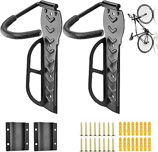 Kit 2 Ganchos de Montagem na Parede para Bicicleta com Bandeja de Pneus-Suporte Vertical para Bicicletas com Ganchos Revestidos de Borracha para Pendurar & Armazenamento na Garagem-Suporta 25KG
