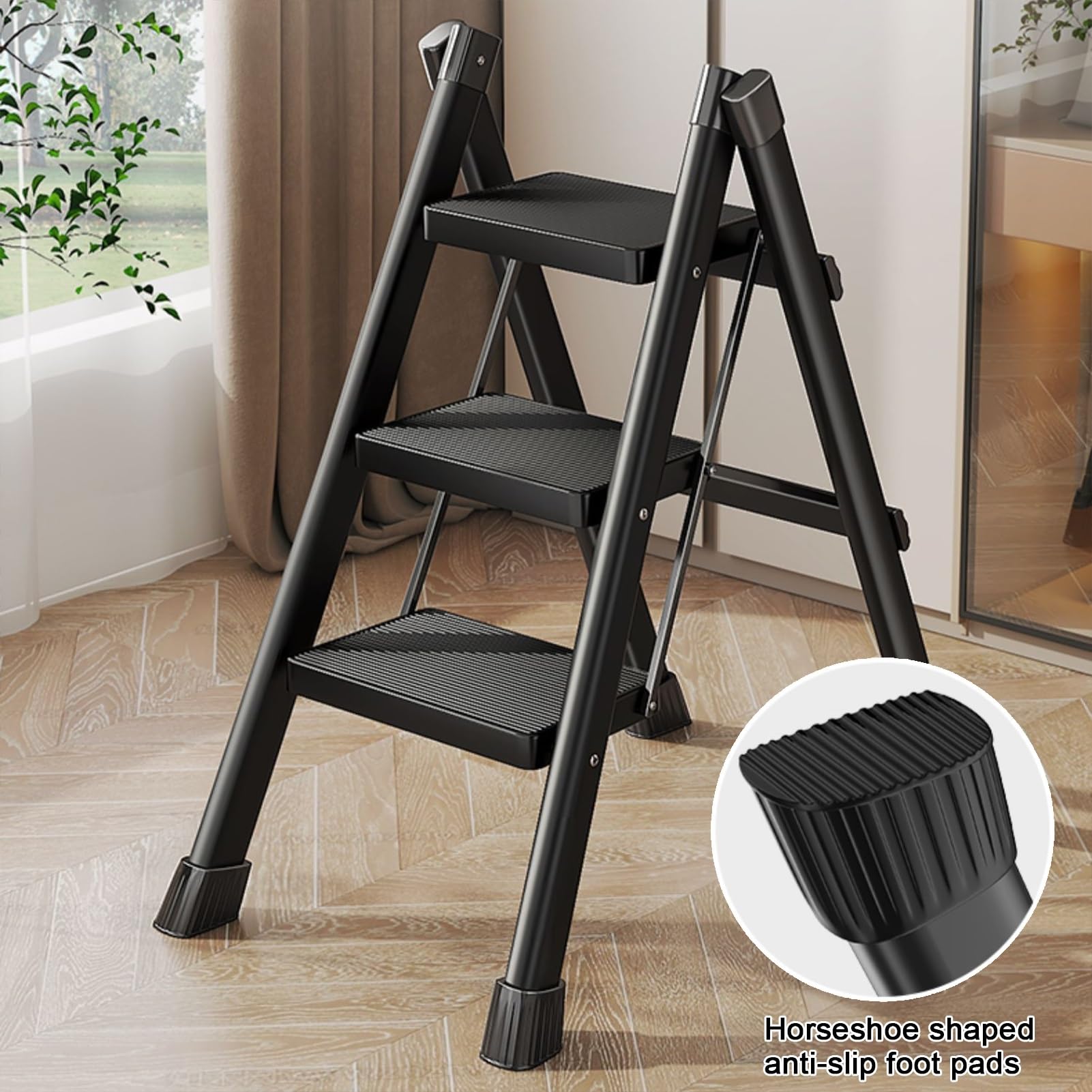 Escalera De 4 Escalones Con Pedal Antideslizante, Taburete Plegable Con Bandeja De Herramientas Escalera De Acero Portatil De 300 Libras Para