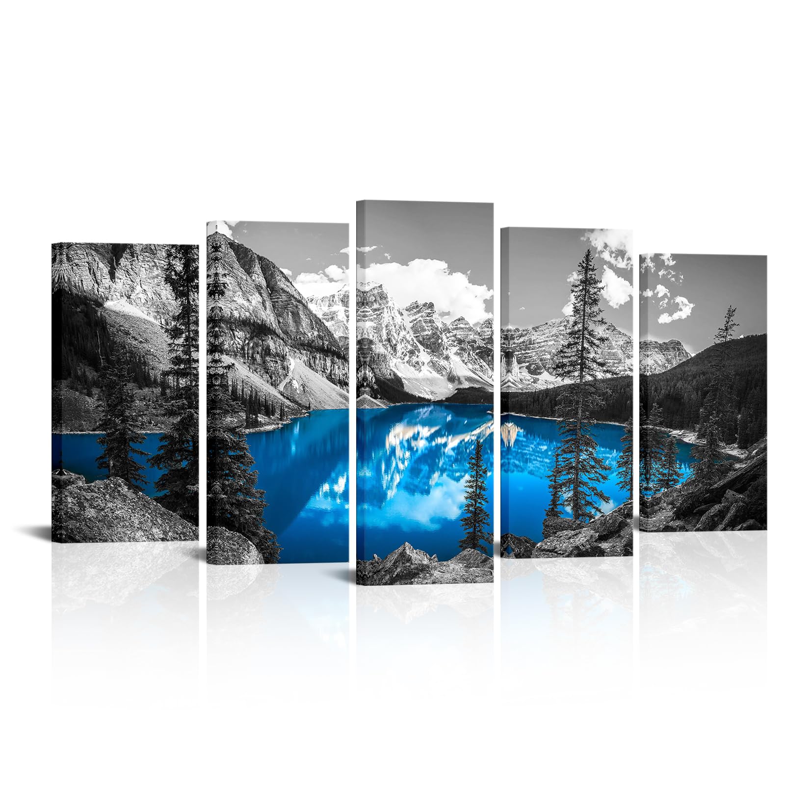 Kalormore 5 Pieces Canada Moraine Lake And Rocky Mountain Canvas Wall Art Modern Black and Blue Landscape Picture Prints Giclee Artwork For Home Decoration (L-60 xH-32)