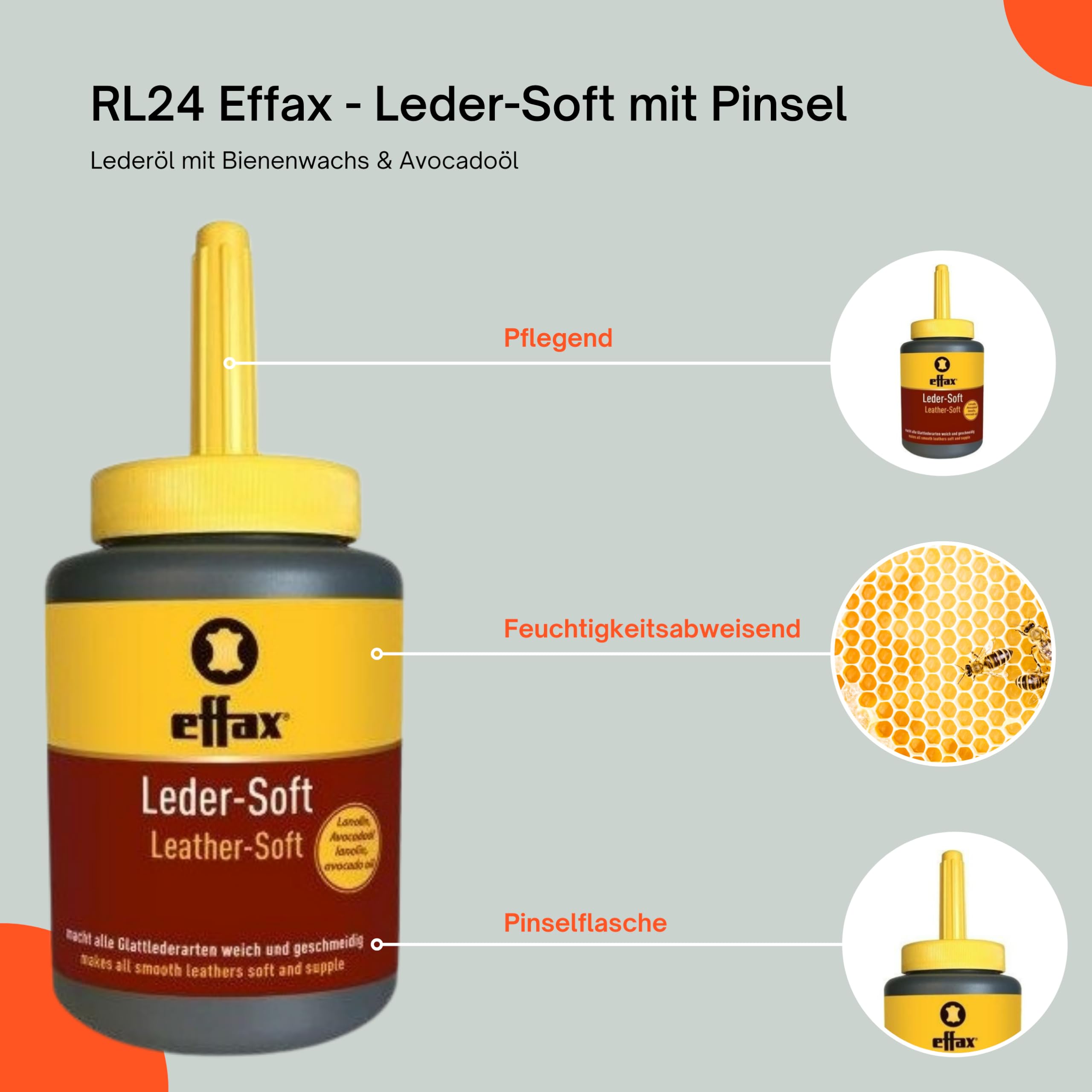 RL24 Effax – Piel suave con pincel | Aceite para cuero con cera de abejas, lanolina y aceite de aguacate | Grasa para cuero para todos los cuero liso | cuida el cuero y protege contra la humedad |