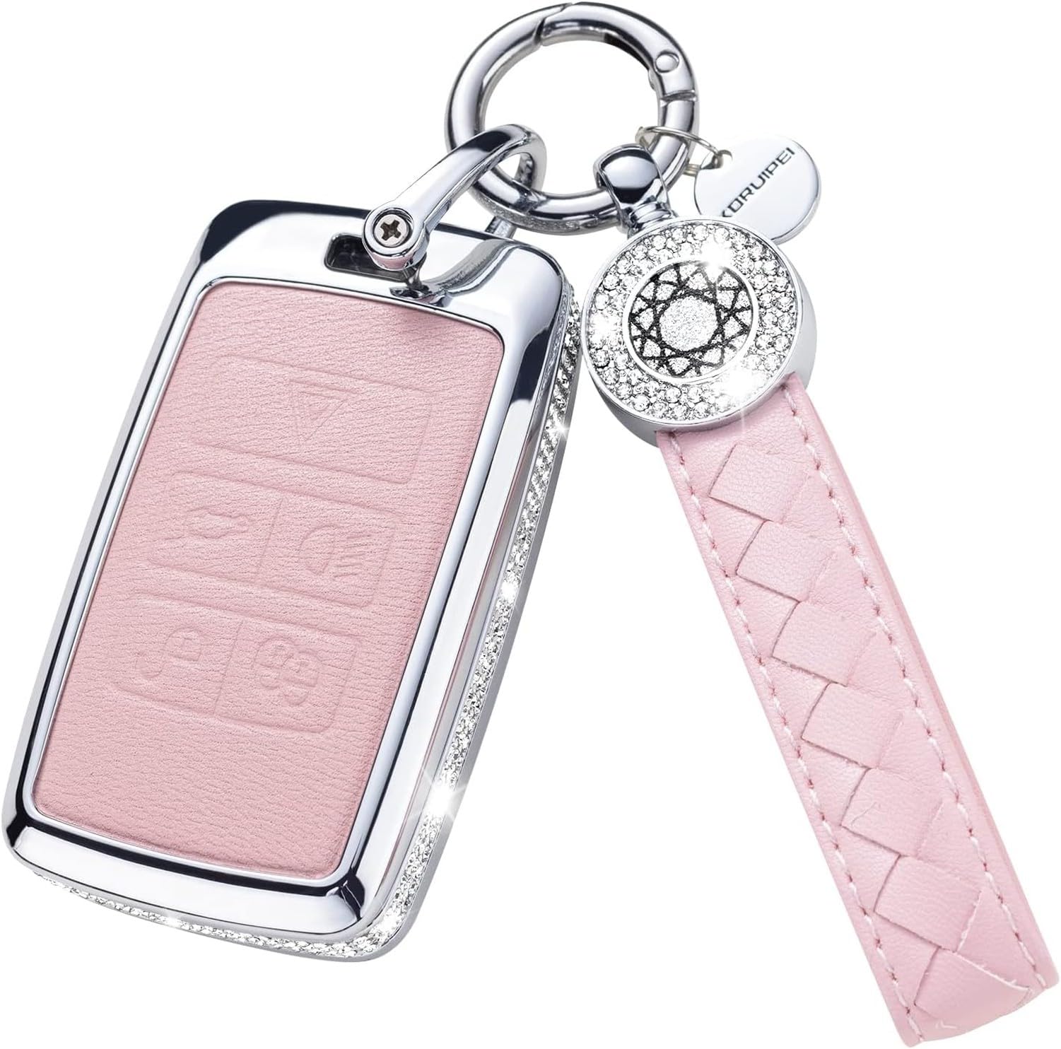 KGAIXN Pink Faux Leather Car Key Fob Cover with Keychain, for Land Rover Discovery Sport Evoque Velar Jaguar F-Pace XE XF F-Type XJ, model2-pink, model2-pink