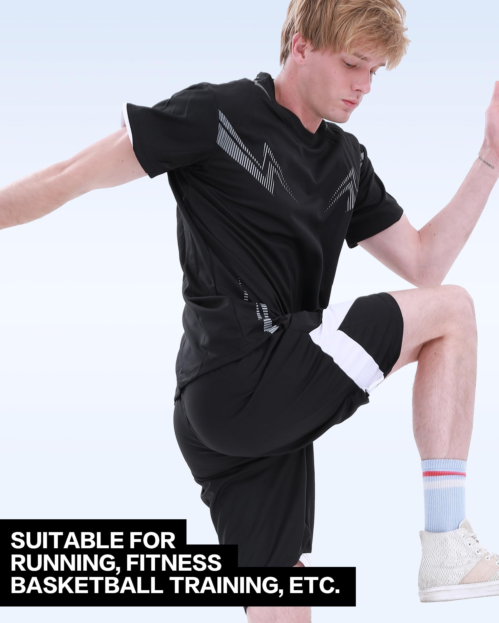 BOOMCOOL Ropa de gimnasio para hombre, camisas de entrenamiento para hombre, conjuntos de 6 piezas de camisas y pantalones cortos