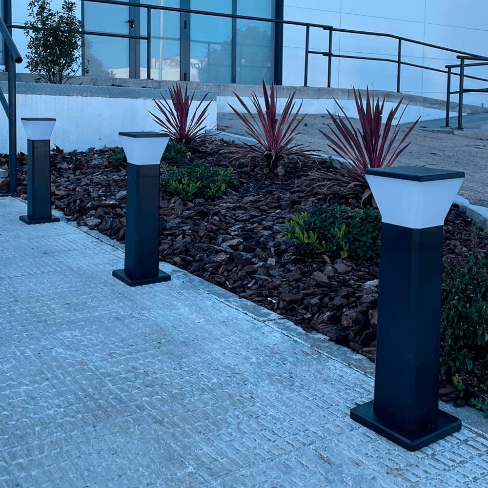 FactorLED 3PCs Balizas de Jardín Exterior LED 57cm Cuadradas, 9W, 900Lm, Bolardo para Caminos, Inoxidable, IP65 Impermeable, Negro, 5CCT Luz Seleccionable, Casquillo E27