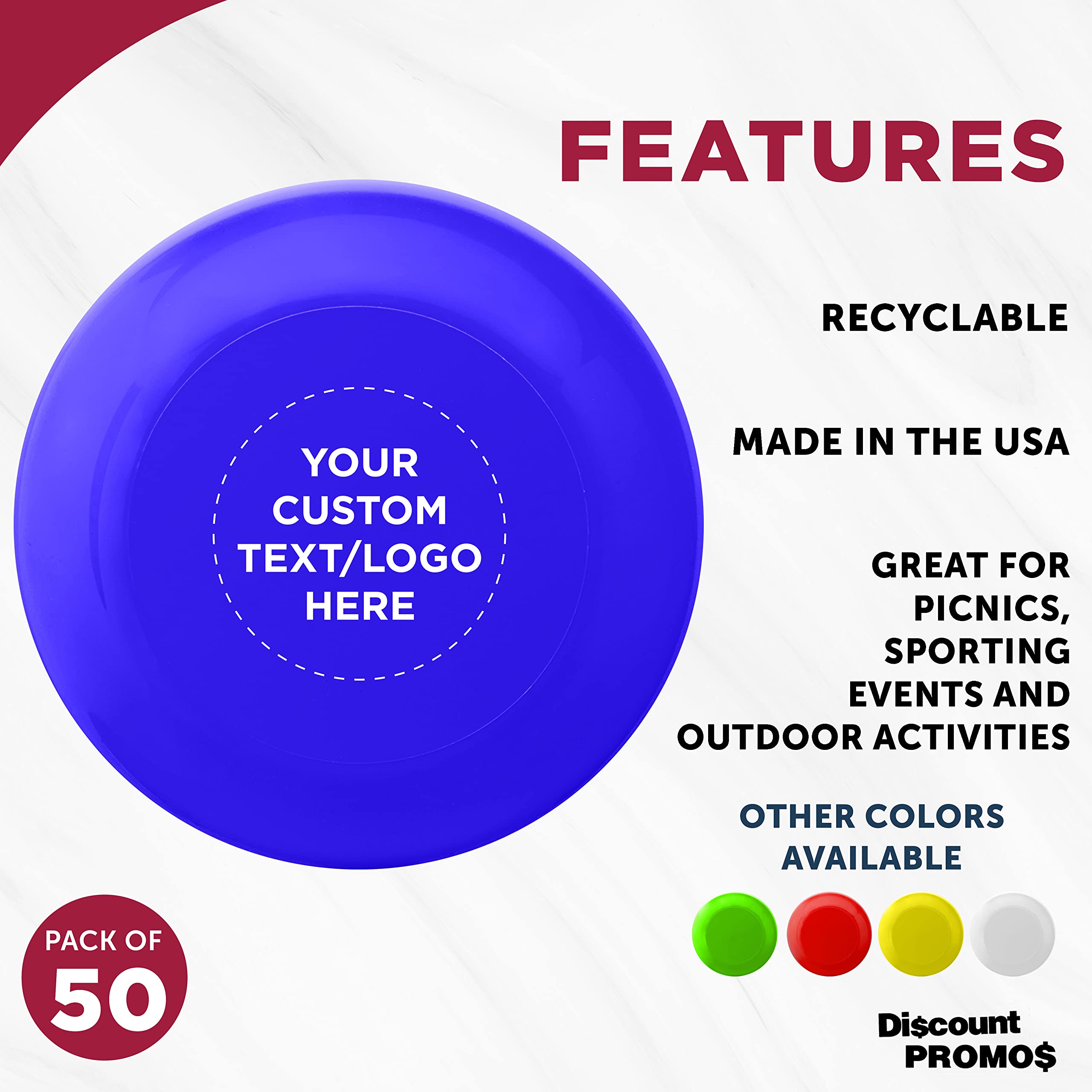 DISCOUNT PROMOS Custom Frisbees 9.25 inch. Set of 50, Personalized Bulk Pack - Fun Outdoor Games for Adults and Family - Reflex Blue