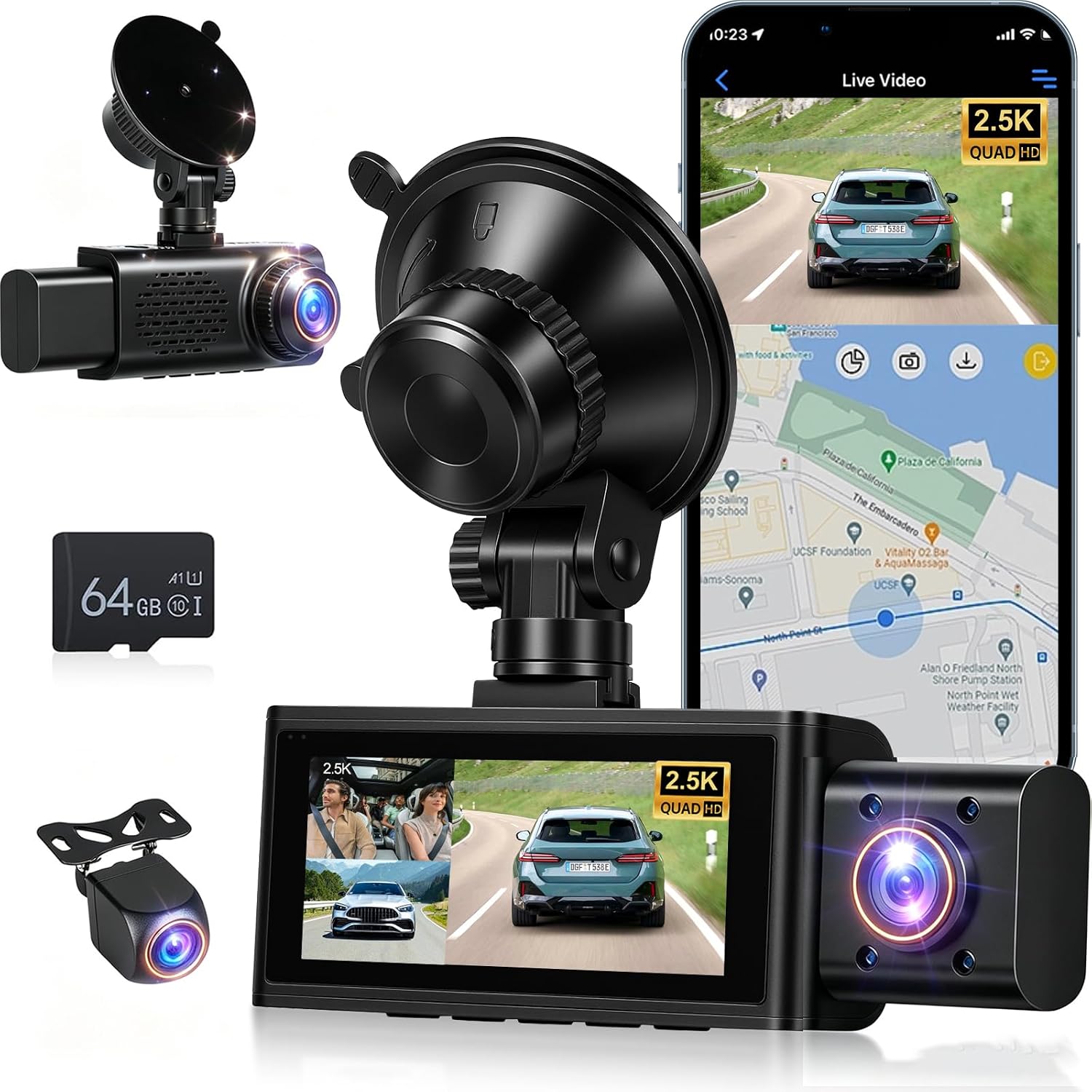 NHOPEEW 2.5K 3 Channel Dash Cam with WiFi & APP Control, 3.16 Inch Screen