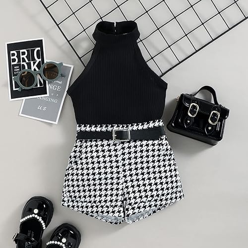 Miniatura 10 de TheFound Conjunto de ropa de verano para niñas pequeñas sin mangas de punto acanalado cuello halter pantalones cortos