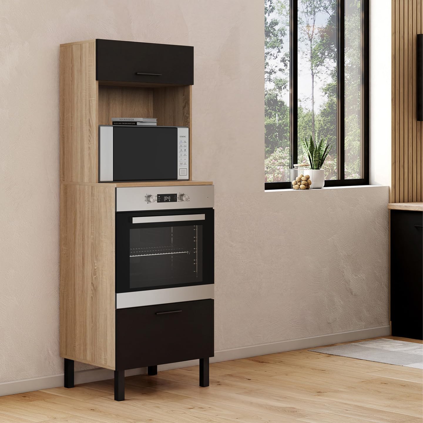 IDMarket - Armoire Colonne de Cuisine Four/Micro-Ondes 60 cm CINA 2 Portes Noir et façon hêtre