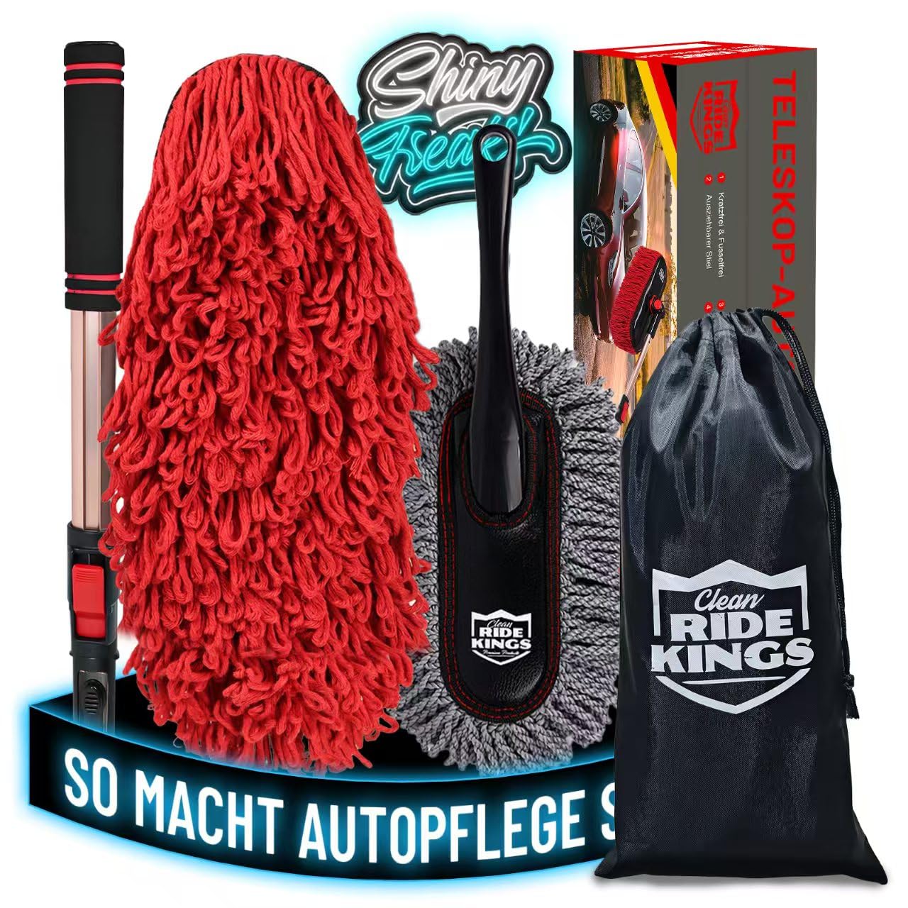 Clean RIDE KINGS Premium Products Juego de plumero grande para coche, fregonas de limpieza con mango ajustable para coche, camión y camping, cepillo de algodón suave para pintura, incluye bolsa