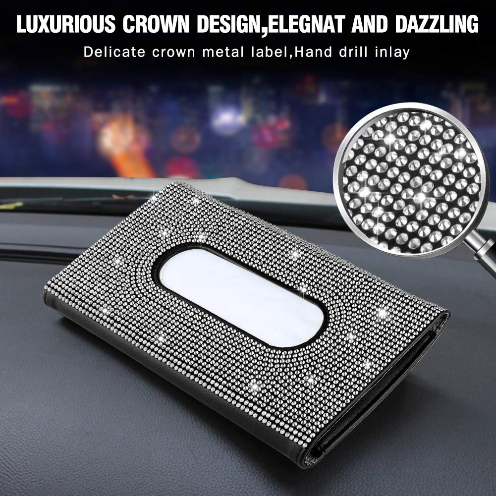 eing Car Sun Visor Tissue Box Holder Bling BlingCrystal Sparkling Napkin Holder,PU Leather Backseat Tissue Case Car Accessories for Women,Black+Pure White