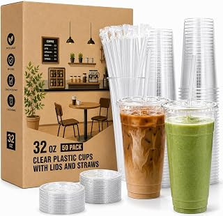 HELAOGUI [50 SETS] 32 oz Cups with lids, Plastic cups with lids and straws, iced coffee cup, suitable for takeout iced coffee cold drinks, smoothies, juices, parfaits, Frappuccinos, and milkshakes.