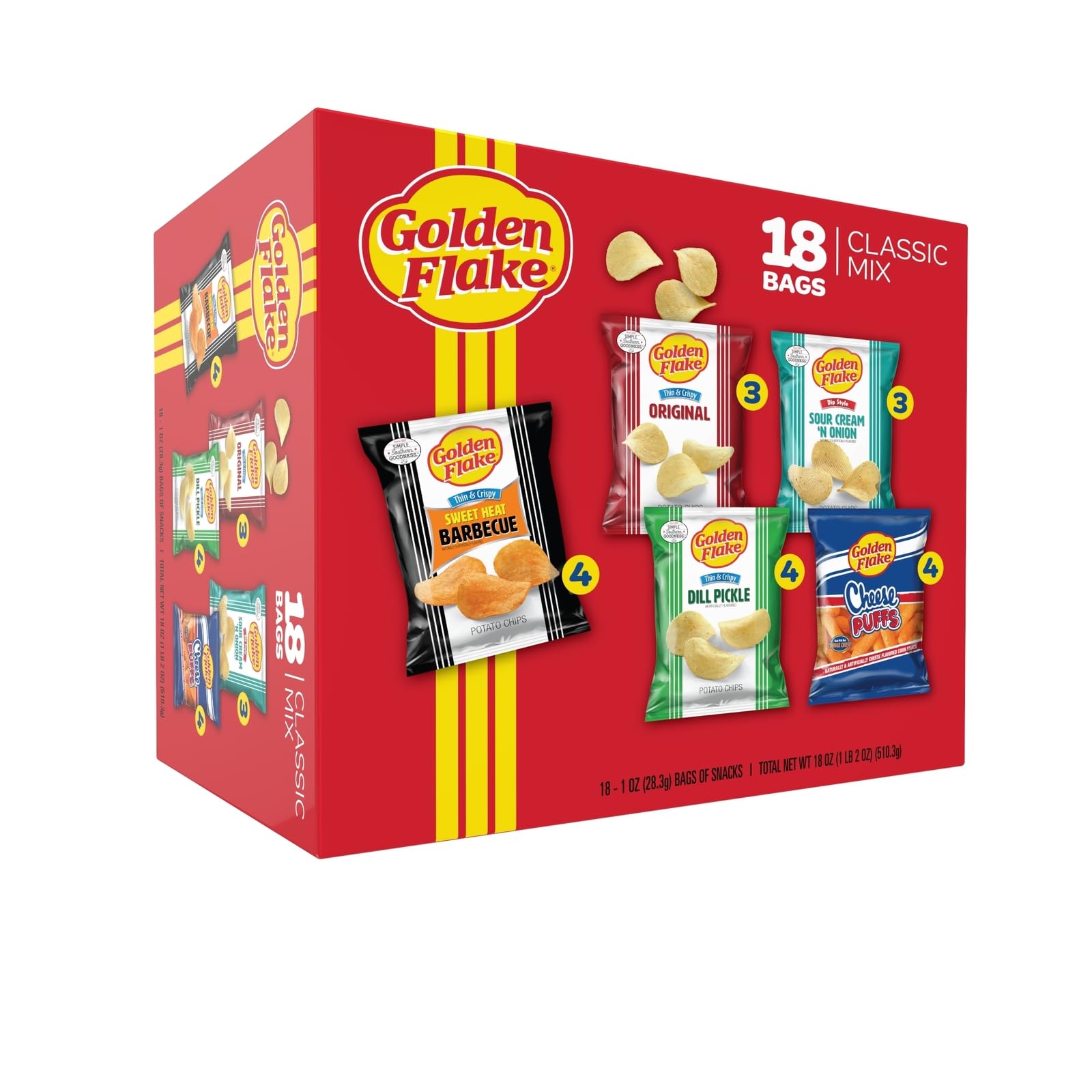 Golden FlakeClassic Mix Variety Pack, 18 ct, 1oz. Bags; Thin & Crispy Sweet Heat BBQ (4), Cheese Puffs (4), Thin & Crispy Dill Pickle (4), Thin & Crispy Original (3), Dip Style Sour Cream N' Onion (3)