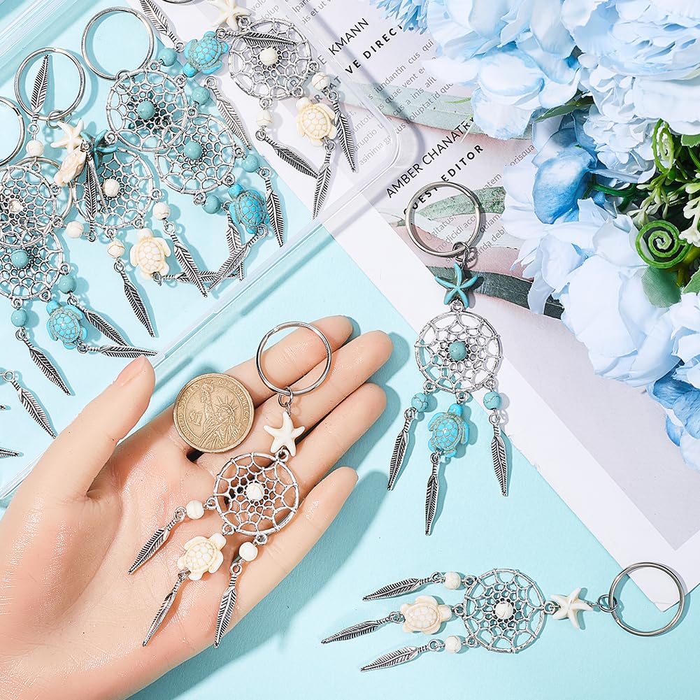 CRASPIRE 1 Box 16Pcs Dream Catcher Keychains Dream Keychain Bulk Alloy Dreamcatcher Synthetic Turquoise Sea Turtle Starfish Lucky Charm Key Chains for DIY Carkey Keychain Party Inspirational Gift - Image 3
