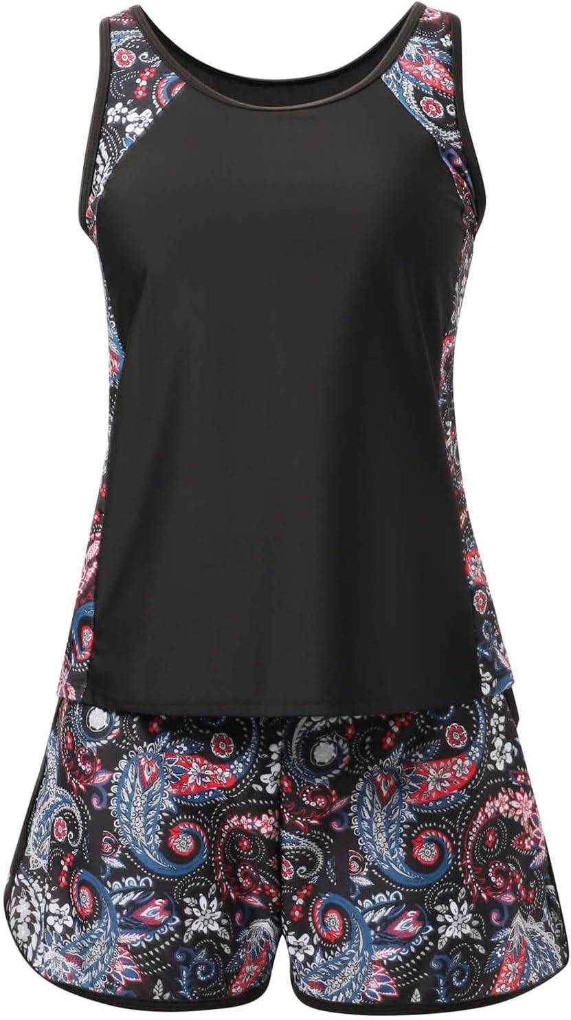 Two Piece Tankini Swimsuit for Women Boy Shorts Tummy Control Bathing Suits Summer Sporty Tank Tops with Pockets