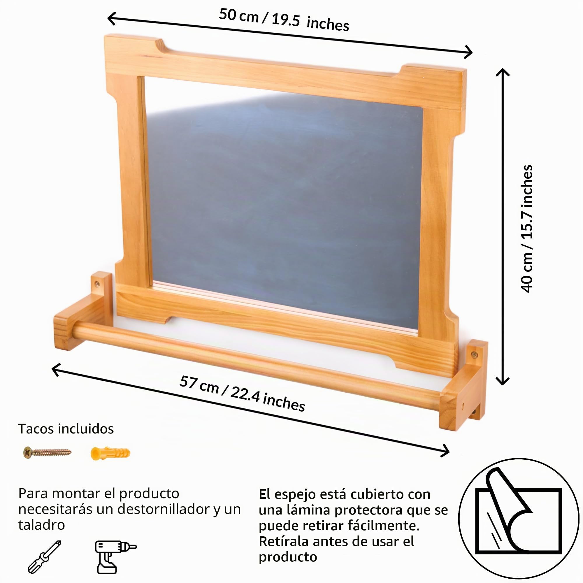 ODOXIA Espejo Montessori con Barra para Niños Pequeños | Bebé Aprender a Ponerse de Pie | Marco de Madera para Desarrollo Motor | Habitaciones Infantiles y Guarderías
