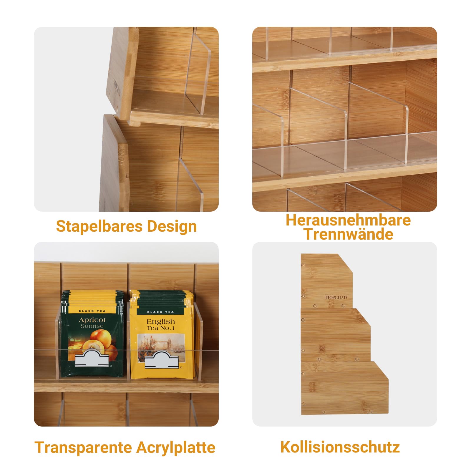 TIOPGHAD Bambus-Teebeutel-Tee-organizer, 3 Lagiger Stapelbarer Teebox Tee Beutel Aufbewahrung Behälter Teebeutel-Station für Küche Arbeitsplatte, Büro