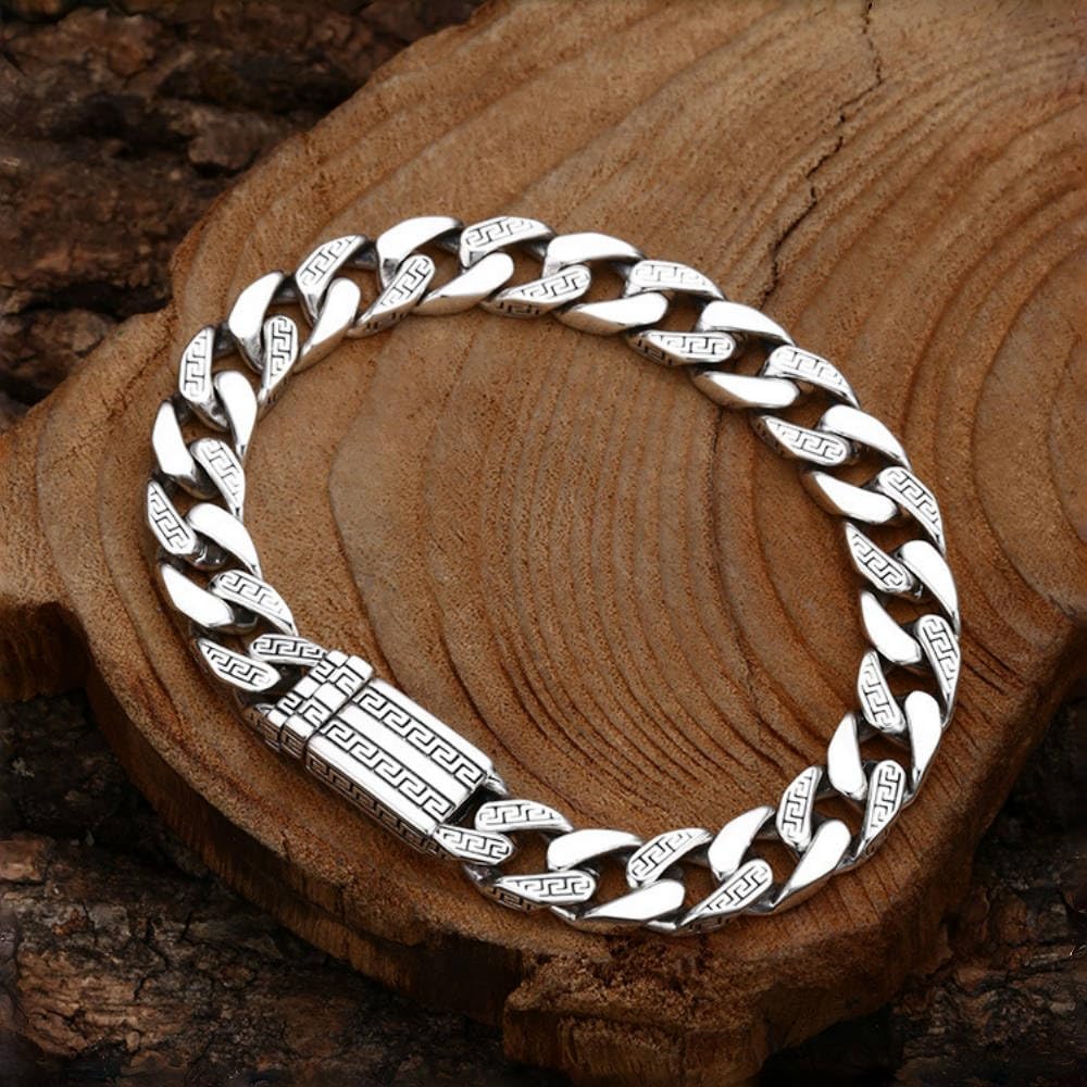ForFox Pulsera de cadena cubana de plata de ley 925 pulsera de cadena barbada con diseño de llave griega para hombre 9mm 18/20cm