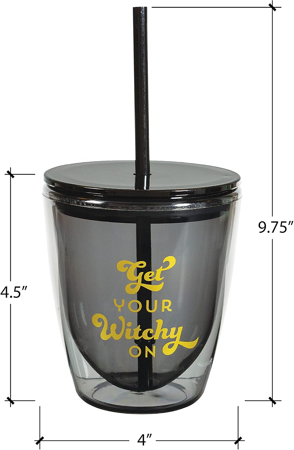 C.R. Gibson QIGT-24072 Get Your Witchy On Plastic Double Wall Insulated Tumbler with Straw and Lid, Black and Gold, 12 fl. Oz.