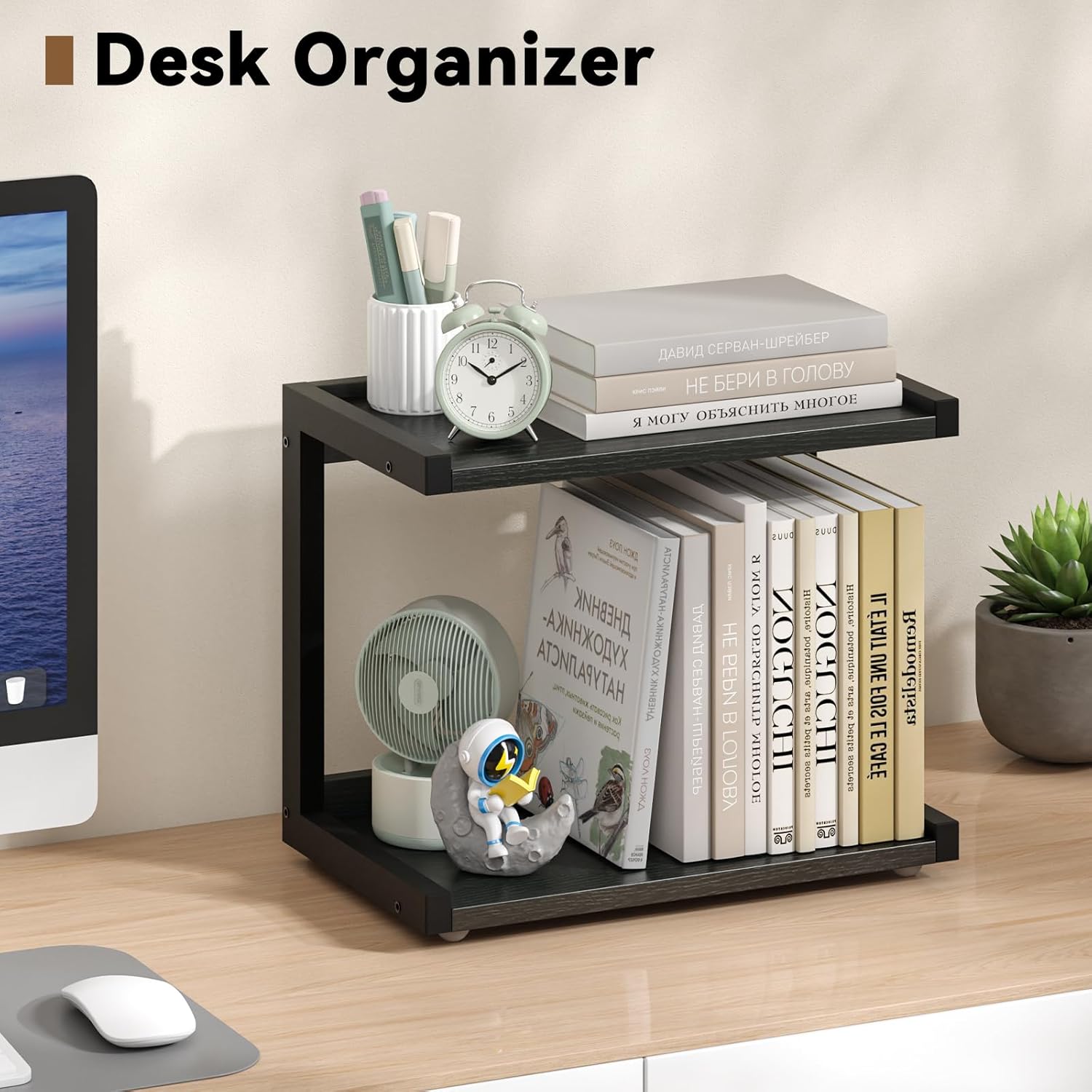 MARTY 2 Tier 12.6"x7.7" Counter Shelf Organizer Kitchen Spice Rack for Countertop, Coffee Station Organizer for Mugs Cups, Wood Shelf Desk Storage Organizer for Bathroom Home Office (Black)