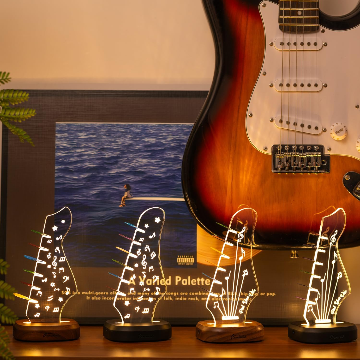 Light Up Guitar Pick Holder with 6 Guitar Picks, Real Hardwood & Acrylic Music Note Pick Holder Case for Picks Storage & Display, Guitar Music Accessories Gifts for Guitar Player Music Lover