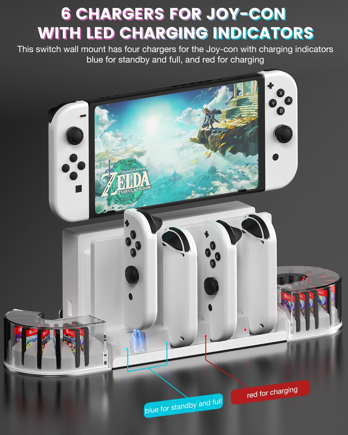 KUNSLUCK Switch supporto da parete con caricatore J-Con, kit da parete per Nintendo Switch/OLED, supporto da parete Switch stazione di ricarica con 20 carte da gioco e 6 caricabatterie per J-Con
