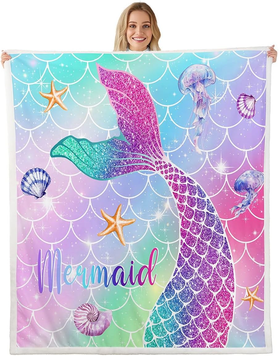Feelyou Mermaid Sherpa Blanket Plush Fuzzy Ocean Life Sea Animal Fleece Throw Blanket Boys Girls Fish Scales for Bed Couch Chair Living Room Princess Decor Bedroom Decor Pink Purple Twin 60"x80"