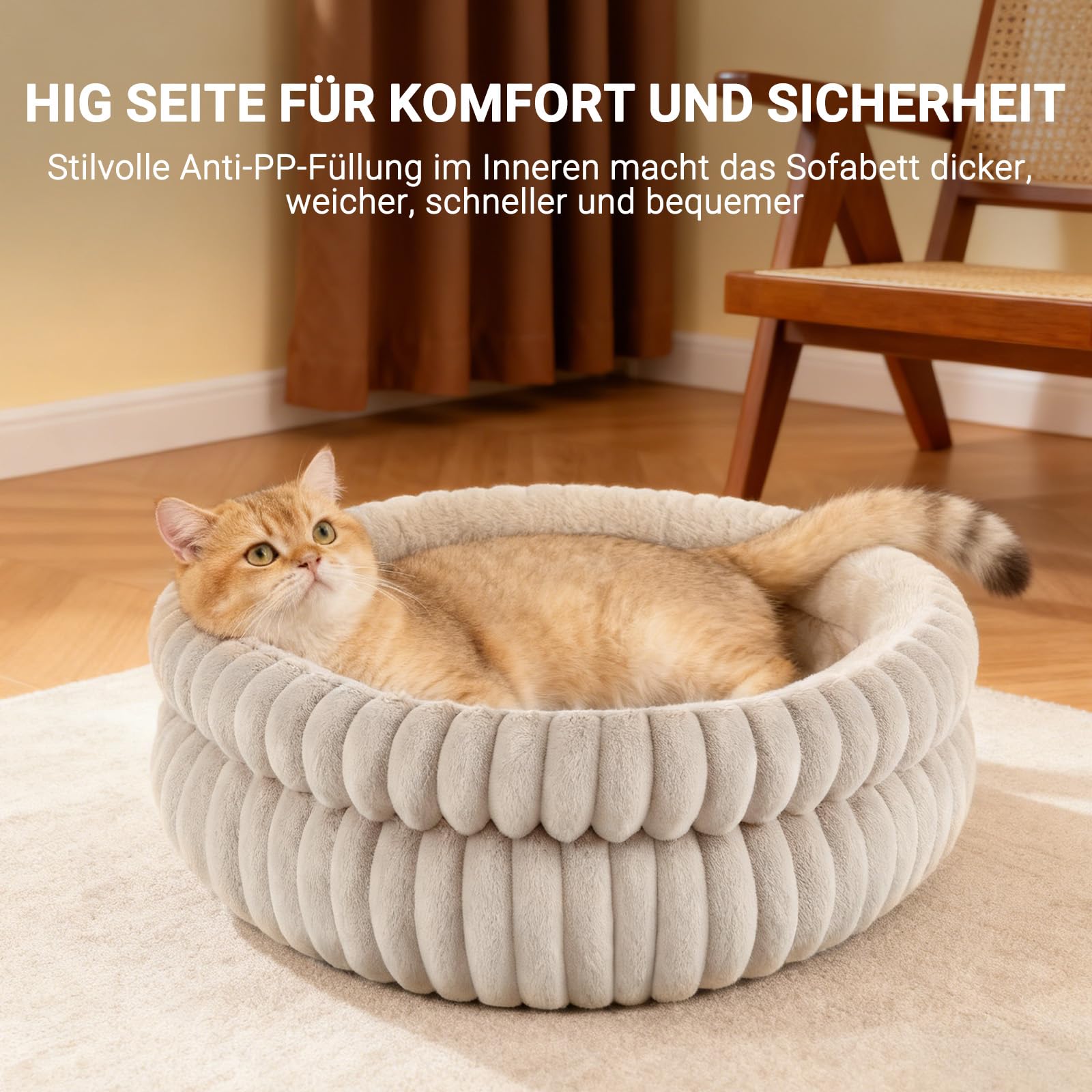 EDMIENS Katzenbett, Waschbar Indoor Katzenbett Flauschig, Rund Katzenkissen, zweiseitig Innenkissen Katzen Bettchen, Katzenkörbchen mit Rutschfester Basis fur Katzen, kleine Hunde (51x51x20cm, Braun)