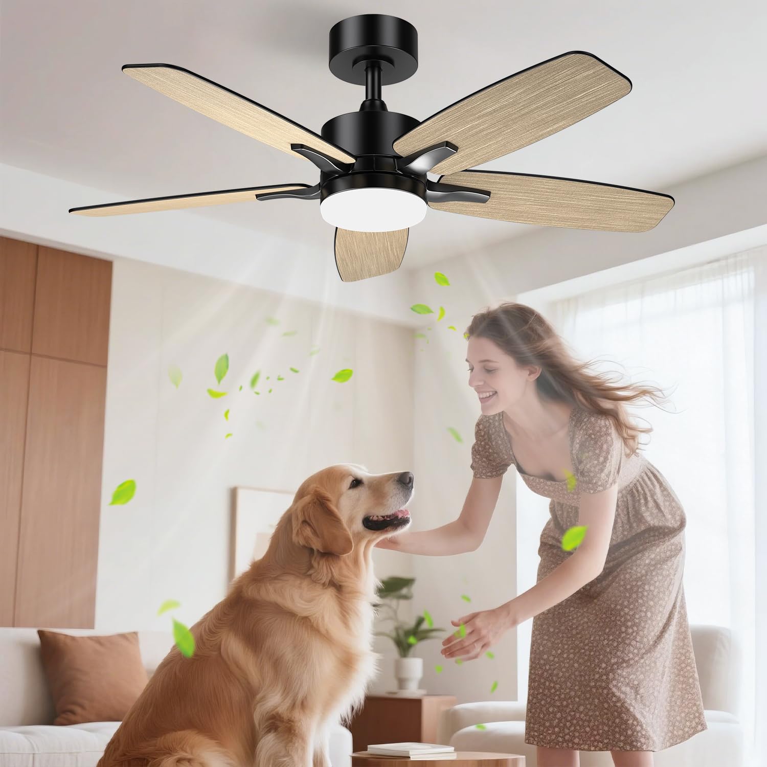 Airwit 106 cm Silent Ceiling Fan with Light Double Sided Blades, LED Ceiling Fan Lamp with Remote Control and Reversible DC Motor for Bedroom Living Room, 6 Speeds