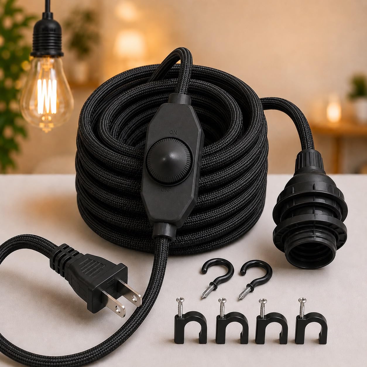 Fabric Cord for Hanging Pendant Lamp Fixture, Lampshades 15 Feet Decorative Braided Flexible Cable E-26/ E-27 Light Bulb Socket & 2 Prong Flat Plug Dimmer Switch with Knob DIY Projects (Black)