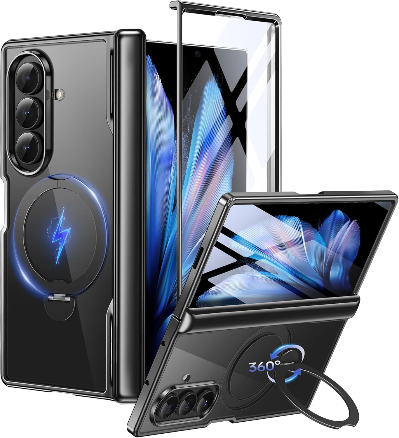 BERFY for Z Fold 7 Case with 360 Spin Magnetic Stand, Compatible with Magsafe, Built-in Screen Protector, Clear Plating Full-Body Shockproof Protective Phone Case for Samsung Galaxy Z Fold 7, Black